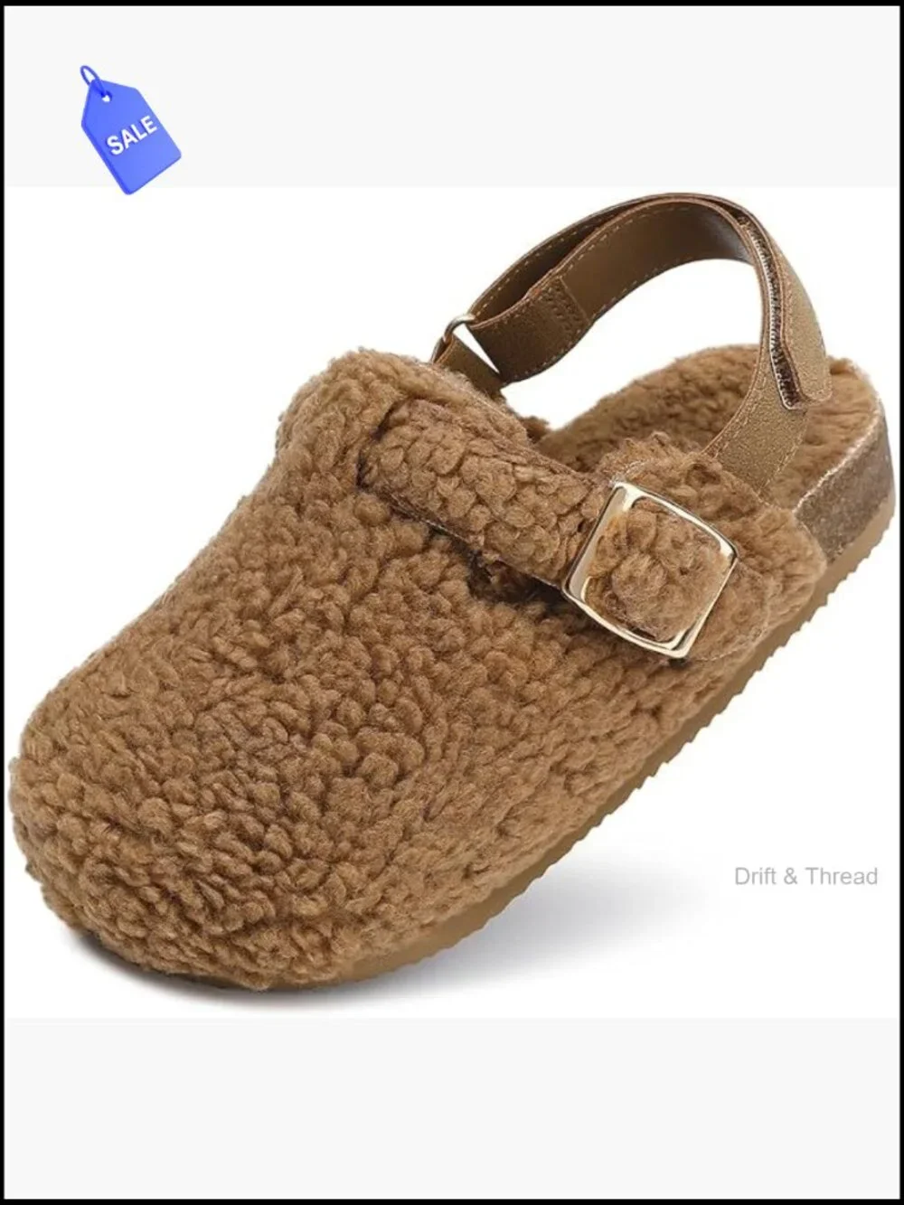 Girls Faux Shearling Clogs with Cork Footbed - Adjustable Buckle, Non-Slip Sole